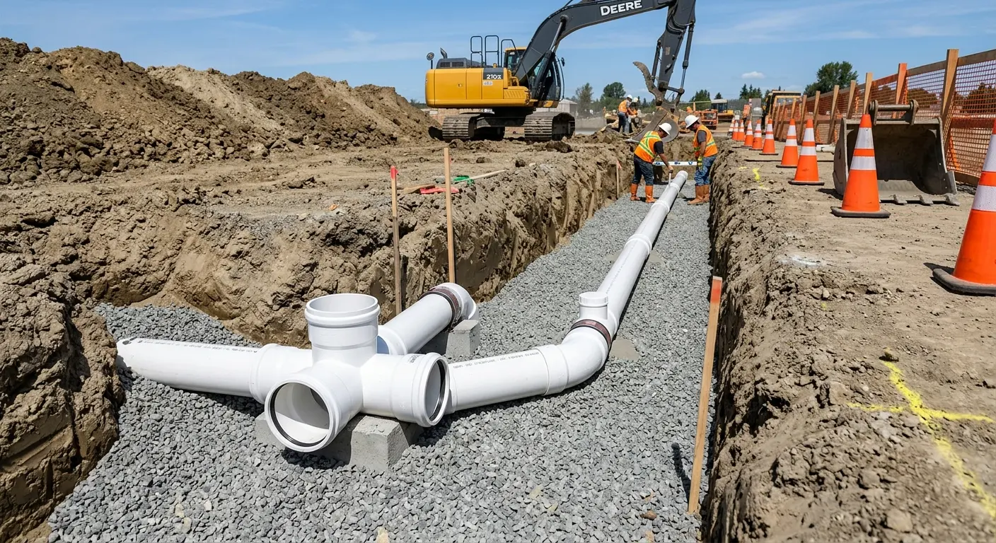 New PVC sewer pipe installation in open trench for Commercial Drain Cleaning in Uniontown