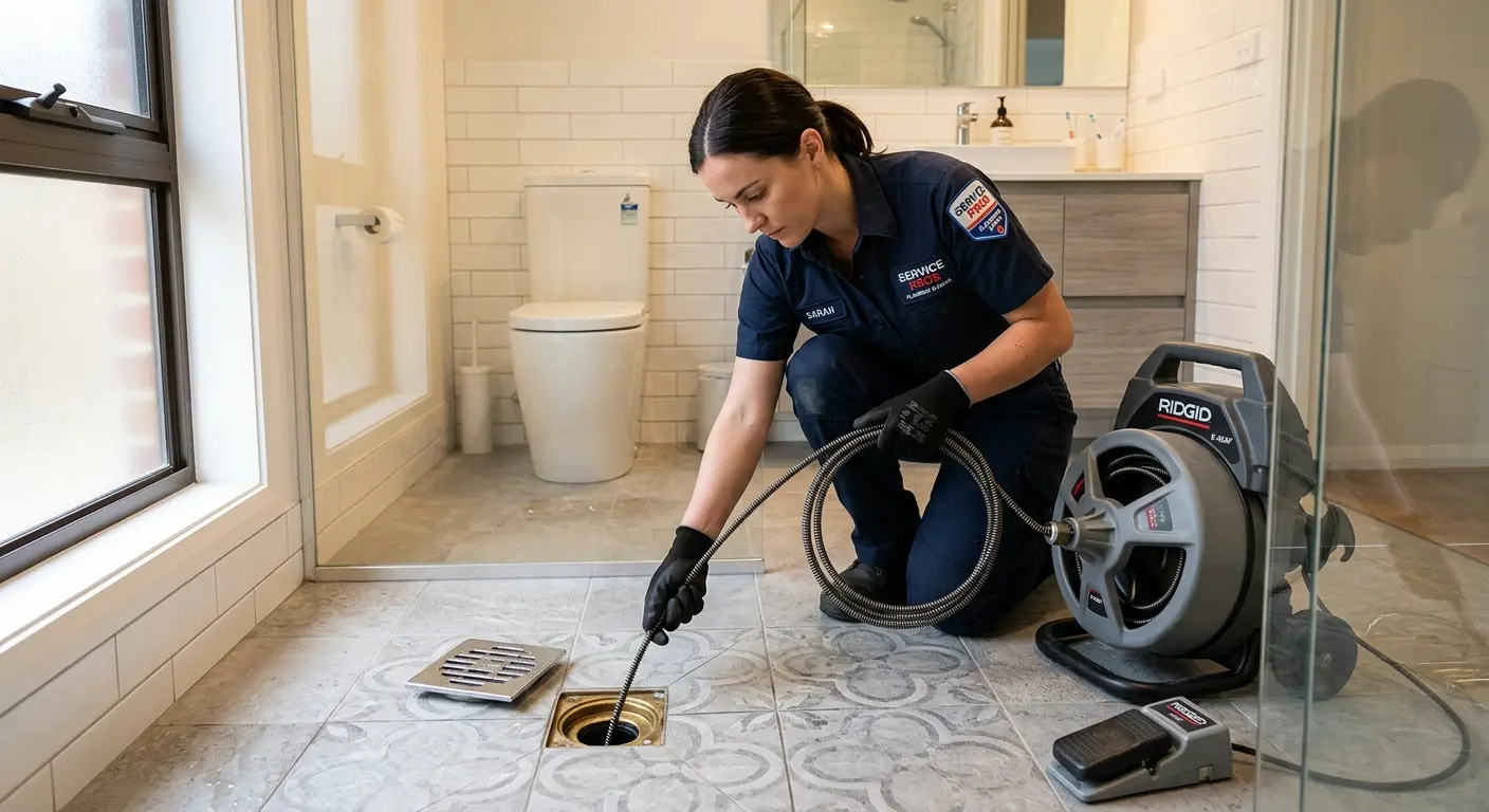 Technician clearing a bathroom floor drain for Clogged Drain Repair in Uniontown